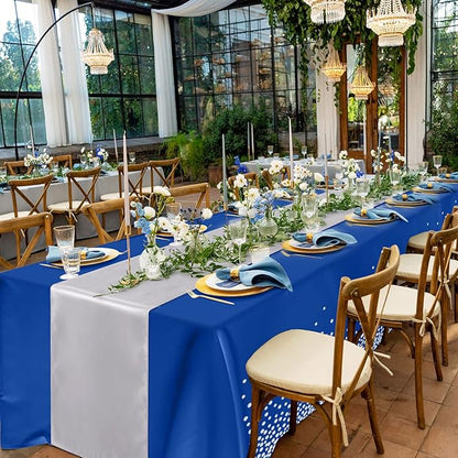 Breling 24 Packs Navy Blue and Silver Disposable Plastic Tablecloths and Satin Table Runner Set, 54 x 108 Inch Tablecloth, 12 x 108 Inch Table Runners for Wedding Graduation Birthday Baby Shower