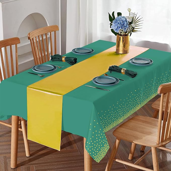 8Pack Disposable Plastic Party Tablecloths and Satin Table Runner Set Green and - Image 4