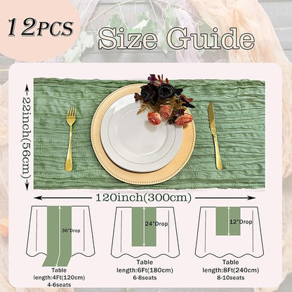 12 Pack Sage Green Cheesecloth Table Runner Rustic Gauze 22x120 inch Long Table Runner for Wedding Bridal Shower Birthday Party Banquet Boho Decoration(#29)