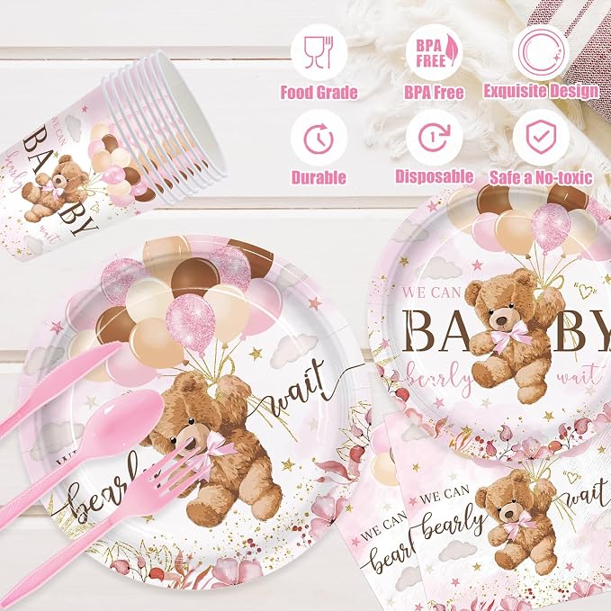 168pcs We Can Bearly Wait Bear Baby Shower Plates Napkins - Image 3