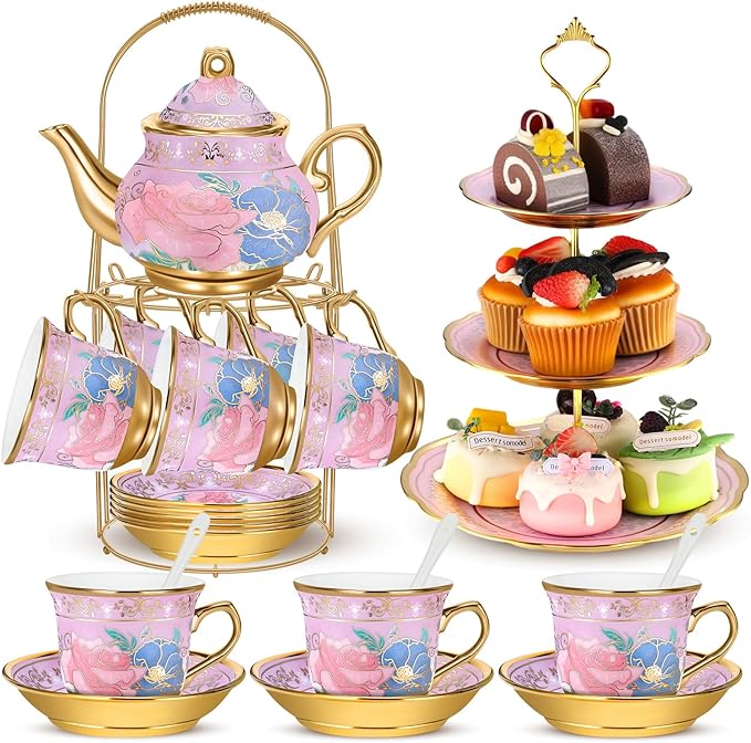 21 Pcs Ceramic Teapot Set Vintage Porcelain Tea Cups by Suttmin