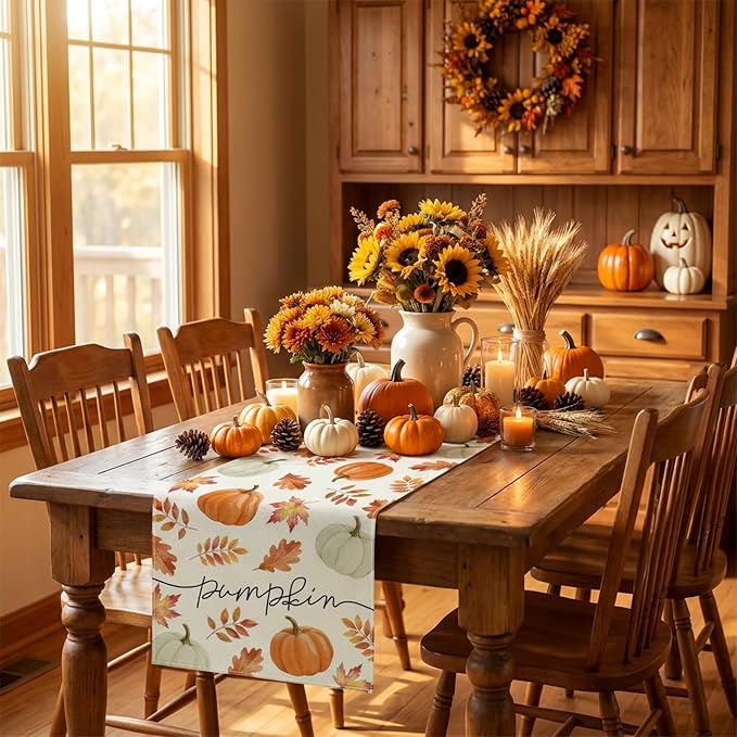 Fall Table Runner Decorations, Pumpkin Maple Leaf Thanksgiving Harvest Decor | - Image 7