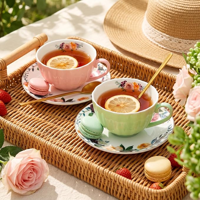 Lyellfe Set of 2 Tea Cup and Saucers, 8 Oz Floral Tea Cups - Image 5