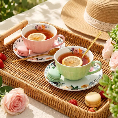 Lyellfe Set of 2 Tea Cup and Saucers, 8 Oz Floral Tea Cups - Image 5