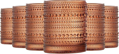 Burnt Orange Amber Hobnail Drinking Glasses | Set of 6 | 11 OZ Bubble Design by Khen