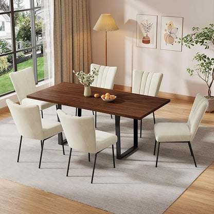 ZckyCine 63"-79" Expandable Dining Table Set for 6-8, Modern Walnut Table with Metal Legs and 6 White Velvet Upholstered Chairs, Kitchen & Dining Room Furniture, Easy Assembly