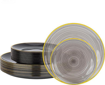 Morejoy 60Pcs Black Plastic Plates,Black Disposable Plates With Gold Rim,Heavy-duty Gold plate, Modern swirl design Plate Include 30 Dessert-plates,30Dinner-plates for Party,New Year