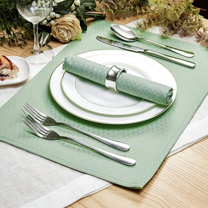 Place Mats Set of 8 – Rectangle Rectangular Waterproof Fabric Polyester Cloth Washable Wipeable Heat Resistant Placemats for Kitchen Dining Dinner Table Indoor 13 x 19 Inch Sage Green