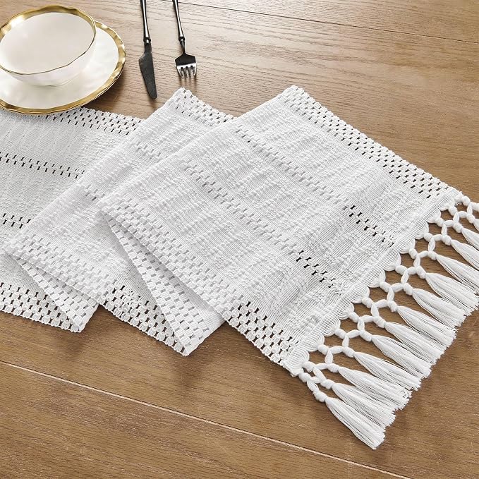 Macrame Style Boho Table Runner, 12x48 Inch White | Woven Boho Table Runner - Image 7