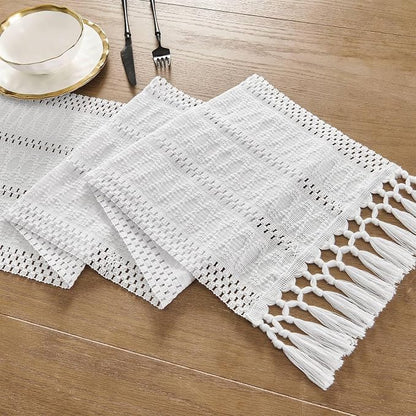 Macrame Style Boho Table Runner, 12x48 Inch White | Woven Boho Table Runner - Image 7