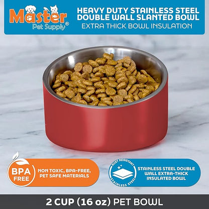 Master Pet Supply Stainless Steel Slanted Dog Cat Food Bowl - 16 oz Heavy Duty - Crimson Flame, Double Wall Insulated, Non-Slip Elevated Bowl for French Bulldogs Pugs Cats, Anti Rust Dishwasher Safe