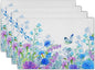 Blue Purple Floral Placemats for Dining Table Set of 4, Butterfly Decoration Spring Seasonal Washable Table Mats for Home Party Kitchen Indoor 12 x 18 Inch