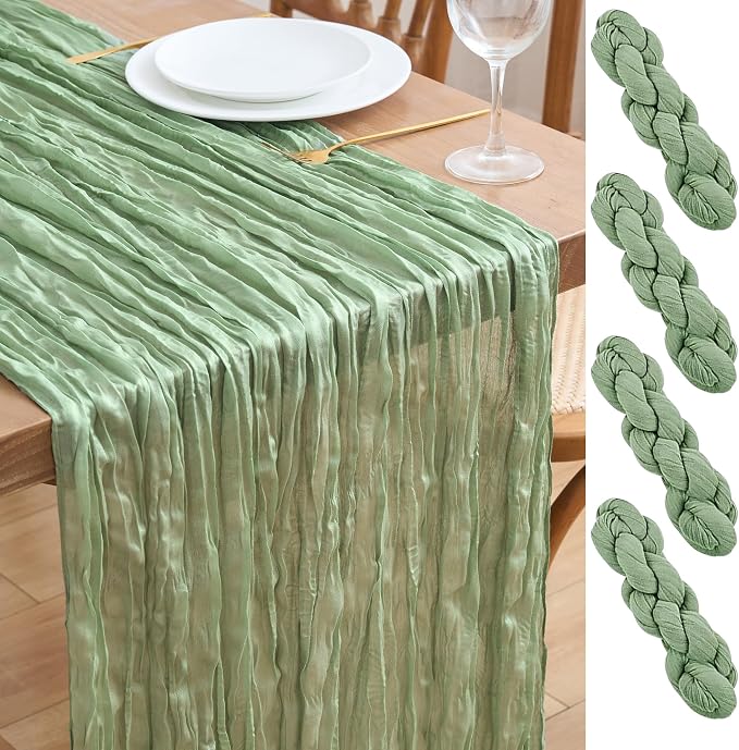Asee'm 4pcs Cheesecloth Table Runner 120 Inches Sage Green Boho Gauze Cheese by Aseem