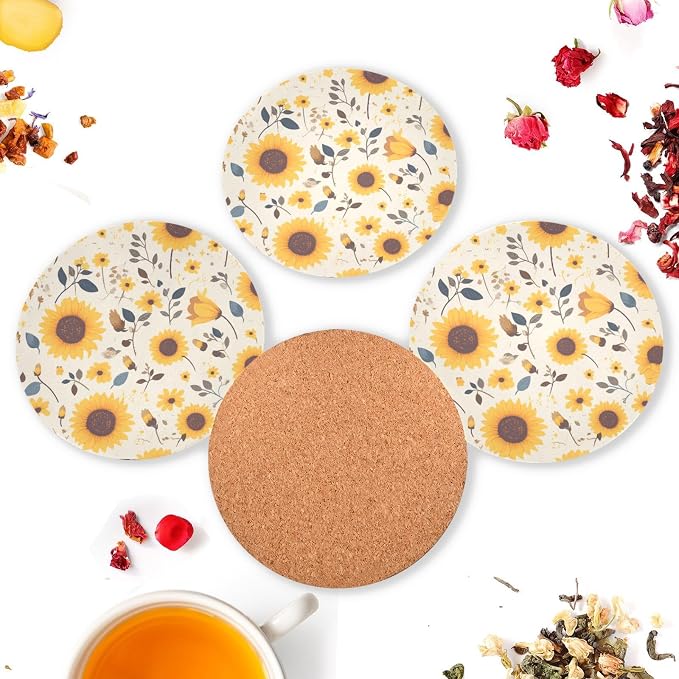 Sunflower Cow Leather Skin Brown Pattern Round Coasters - Image 6