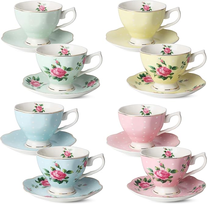 BTaT- Floral Tea Cups and Saucers, 8 oz | Fine Porcelain Teacup Set Gold Trim by BrewToATea