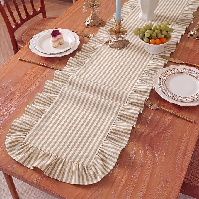 HunnmingRe Ruffle Trim Boho Table Runner Farmhouse Rustic Stripes Scalloped - Image 6