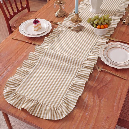 HunnmingRe Ruffle Trim Boho Table Runner Farmhouse Rustic Stripes Scalloped - Image 6