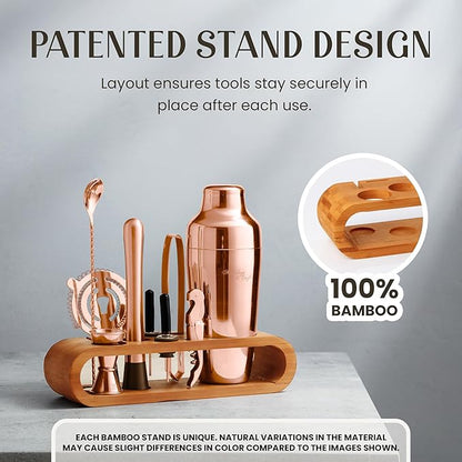 Mixology & Craft Cocktail Shaker Set with Bamboo Stand - Professional 10-Piece Bartender Kit - Complete Bar Set & Cocktail Mixer Kit for Home (Copper)