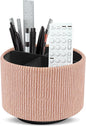 Hennaja Round Leather Art Supply Organizer,Remote Control Holder,360 Degree Spinning,Multi-Functional Pencil Holder,4 Compartments Desktop Stationary Organizer(1-Wood Apricot)