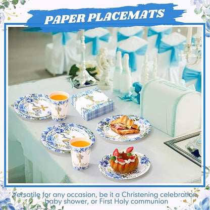 Pickmesh 250 Pcs Blue Baptism Cross Disposable Tableware Set First Holy Communion Baptism Disposable Paper Plates Napkins and Cups for Christening Celebration Baby Shower Religious Supplies