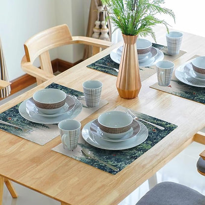 Giwawa Winter Pine Trees Placemats Set of 4 Watercolor Christmas Forest Red Birds Linen Table Mat 12"x18" Xmas Snowy Tree Decorative Seasonal Washable Place Mats for Kitchen Dining Holiday