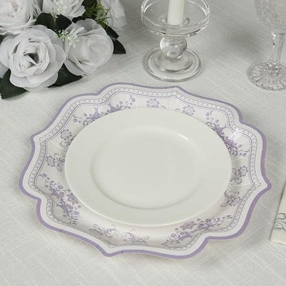 50 Pack 10" White Lavender Lilac French Toile Dinner Plates, Disposable Round Paper Party Plates 300 GSM for Festive Table Decoration