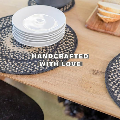 Manchester Jute Braided Kitchen Trivets for Hot Dishes, Country Primitive Decor, Set of 6, Black and Tan 8" Round Heat Resistant Mat - Rich Colors, Easy to Clean, Durable and Protects Furniture