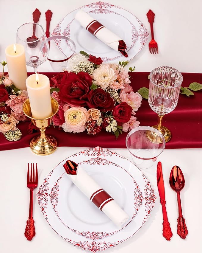 Nervure 100Pcs White Red Plastic Plates, Party Plates Set - Image 2
