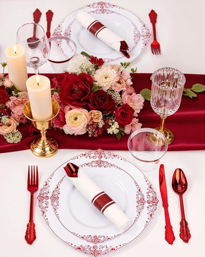 Nervure 100Pcs White Red Plastic Plates, Party Plates Set - Image 2