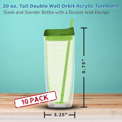 DISCOUNT PROMOS Tall Orbit Acrylic Tumblers 20 oz. Set of 10, Bulk Pack - Perfect for Iced Coffee, Soda, Other Hot & Cold Beverages - Lime Green