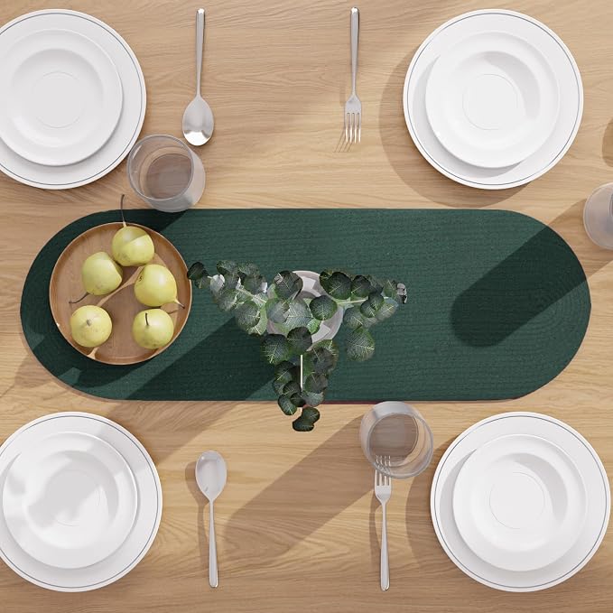 Encasa XO Dining Table Runner, Handmade Ribbed Cotton 12"x36" Dark Green | 100% - Image 3