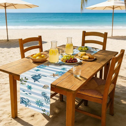 Summer Ocean Beach Shells Table Runner Watercolor Sea Turtle Burlap Table - Image 2