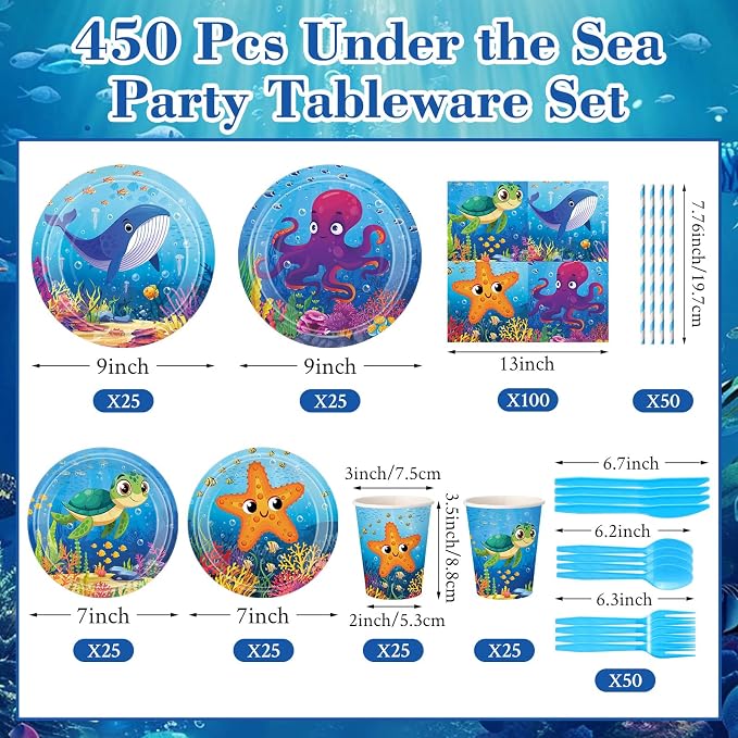 450 Pcs Under the Sea Tableware Set Party Decorations Ocean Birthday Paper - Image 2