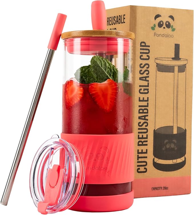 Pandaloo® Glass Cups With Lids and Straws -20 Fl Oz- Perfect Size Iced Coffee by Pandaloo