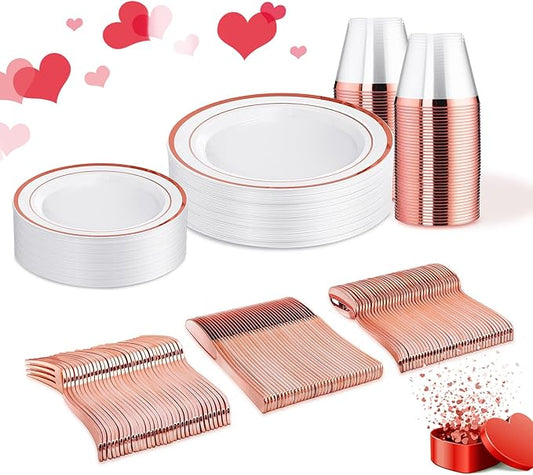 WELLIFE 150 PCS Rose Gold Disposable Dinnerware Set for 25 Guests, Valentine's Day Plate, 25 Dinner & Salad Plates, Cups, Forks Knives Spoons for Wedding Reception and Mothers Day Plates
