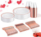 WELLIFE 150 PCS Rose Gold Disposable Dinnerware Set for 25 Guests, Valentine's Day Plate, 25 Dinner & Salad Plates, Cups, Forks Knives Spoons for Wedding Reception and Mothers Day Plates