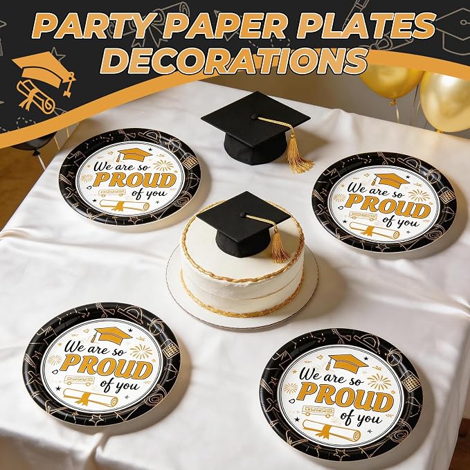 2026 Graduation Plates 7 Inch 40Pcs Black and Gold Disposable Paper Plates - Image 3