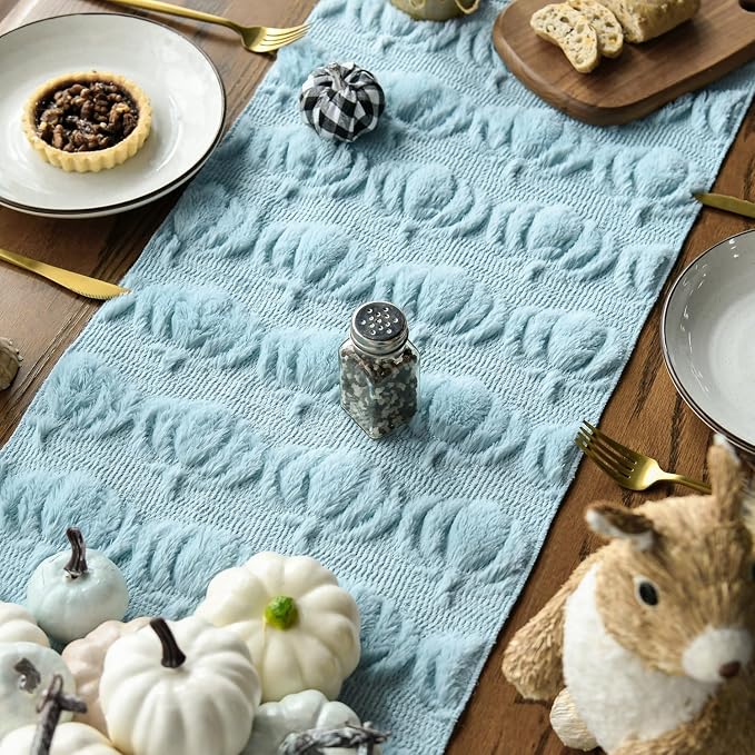 Artoid Mode Blue Soft Faux Fur Pumpkins Fall Table Runner 13x72 Inch | Seasonal - Image 4