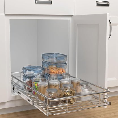 Pull Out Cabinet Organizer (16.4" W x 21" D), Put Out Shelves for Kitchen Cabinets, Roll Out Drawers Heavy-Duty Metal Sliding Shelf, Bottom Mount