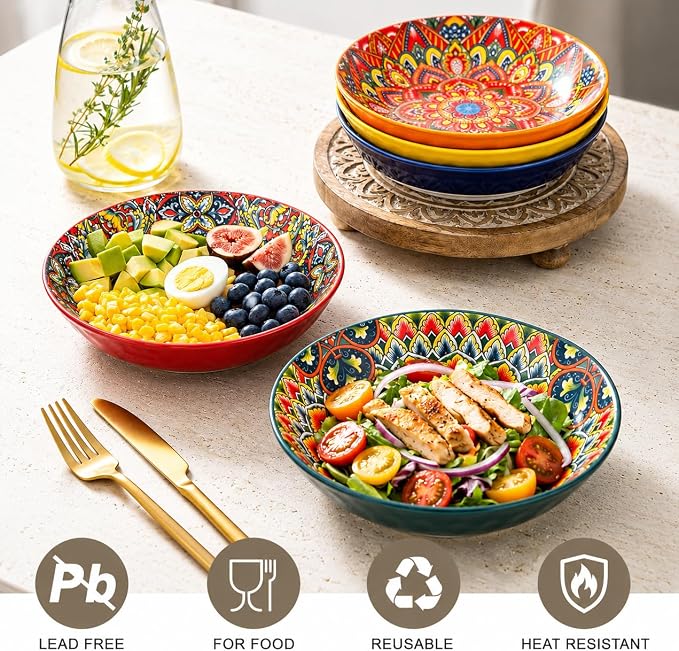 32 oz Pasta Bowls Set of 6, Large Ceramic Colorful Deep Plates, Bohemian Style - Image 4