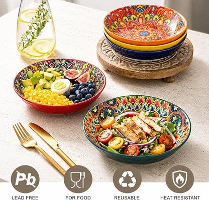 32 oz Pasta Bowls Set of 6, Large Ceramic Colorful Deep Plates, Bohemian Style - Image 4