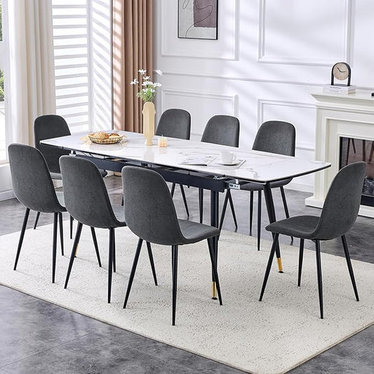 Extendable Dining Table Set for 8, 55'' to 78.8'' Rectangular Thickened Sintered Stone Kitchen Table with 8 Upholstered Chairs, Modern Space Saving 9-Piece Dinner Table Set