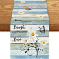 Daisy Floral Table Runner, Spring Summer Floral Flower Blue Wooden Boards Boho by Unknown