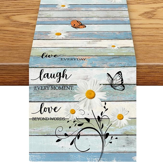 Daisy Floral Table Runner, Spring Summer Floral Flower Blue Wooden Boards Boho by Unknown