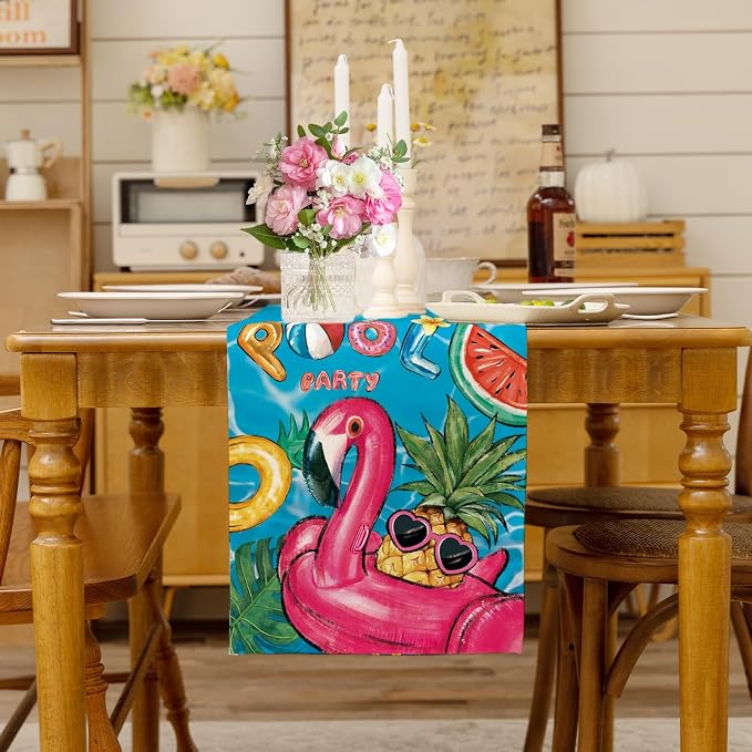 Summer Pool Flamingo Table Runner Spring Fun Float Party Burlap Table Runners - Image 3