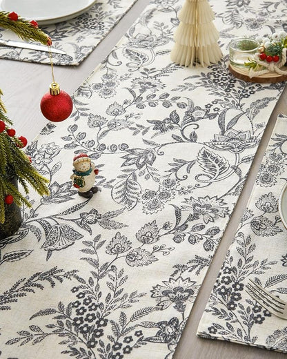 jinchan Black Floral Linen Table Runner 13 x 72 Inch Farmhouse | Rustic - Image 3