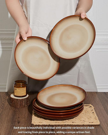 Stoneware Plates Set of 6, 8 Inch Handmade Reactive Glaze Ceramic Set for Dessert, Salad, Appetizer, Small Dinner Plates, Microwave & Dishwasher Safe, Highly Chip and Crack Resistant