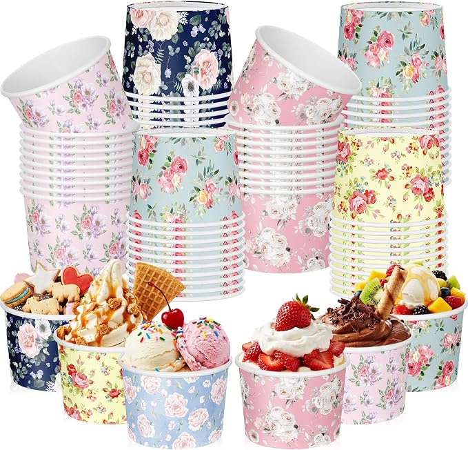 CHENGU 60 Pcs Floral Snack Cups 9 oz Disposable Floral Paper Dessert Bowls by CHENGU