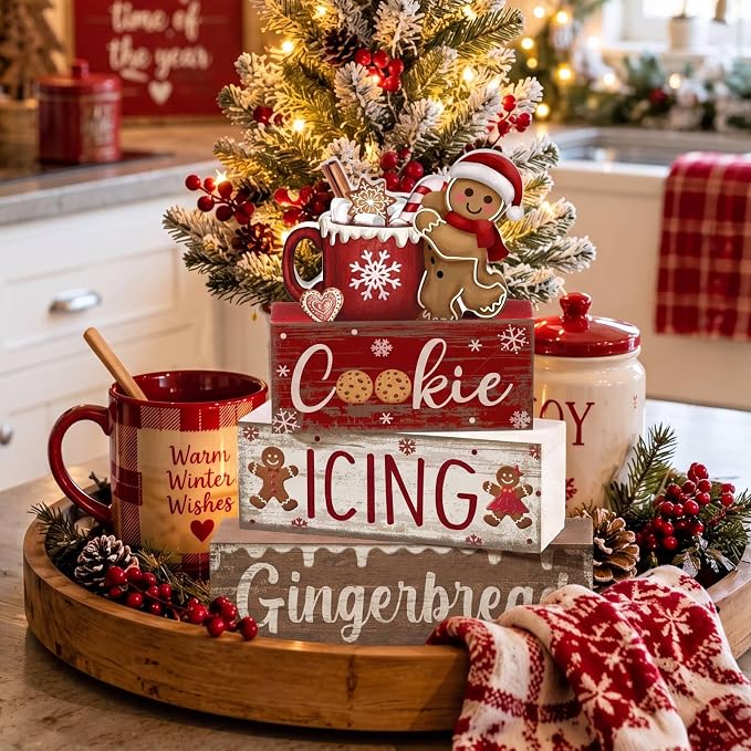 Moucuny 4 Pcs Christmas Table Decor Wooden Gingerbread Cocoa Decoration - Image 6