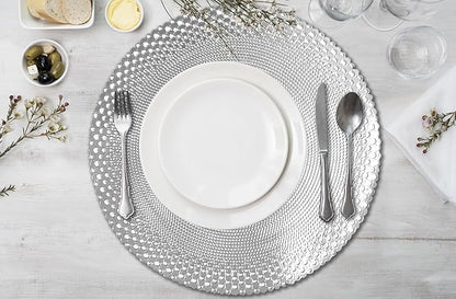 Vinyl Round Placemats Set of 4 - Non Slip Place Mats Ideal for Indoor and Outdoor Dining Table - Washable and Heat Resistant Table Mat for Kitchen Tables (Vincent Silver)